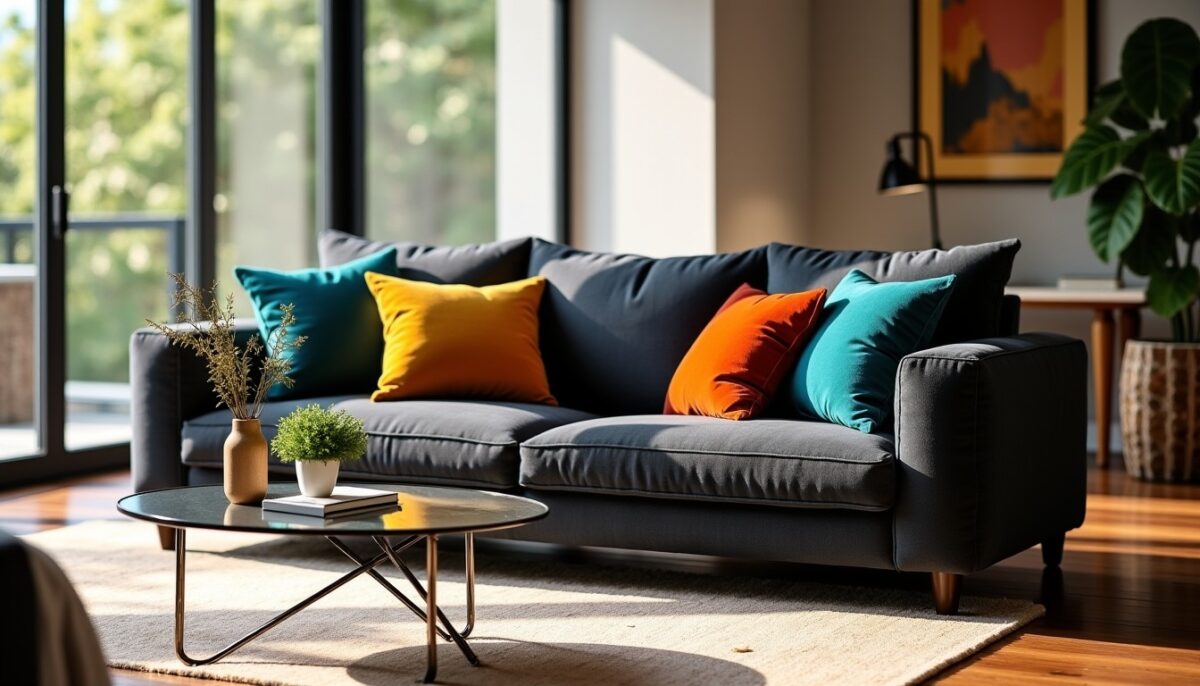 Aménager un salon élégant : astuces déco avec un canapé gris foncé, jeux de couleurs et textures