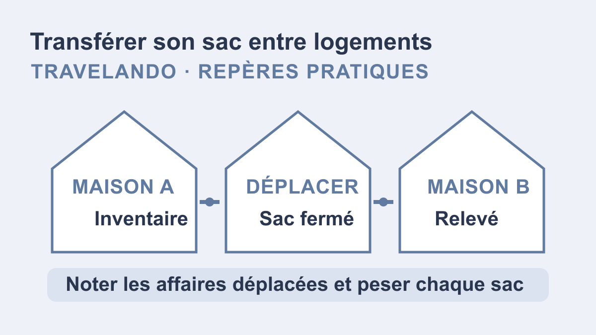 Trois lieux reliés par des transferts, avec un inventaire séparé pour les affaires laissées et celles transportées; aucun poids fictif ni équipement de maison n’est montré.